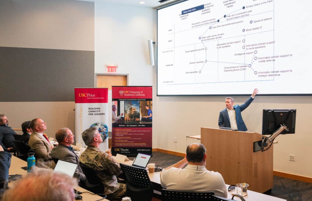 The Executive Program in Global Space and Defense, Spring USC Residency, April 29th-30th, 2022. Jamie Johnson, Ph.D explaining material on screen.