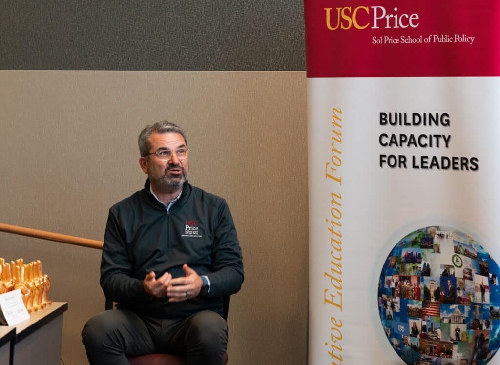 USC Price Director of Executive Education and a professor of the practice of governance Frank Zerunyan teaching at Spring residency course.