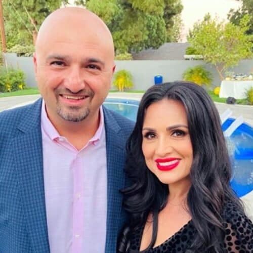 Aram and Arminé Chaparyan in a backyard with a pool