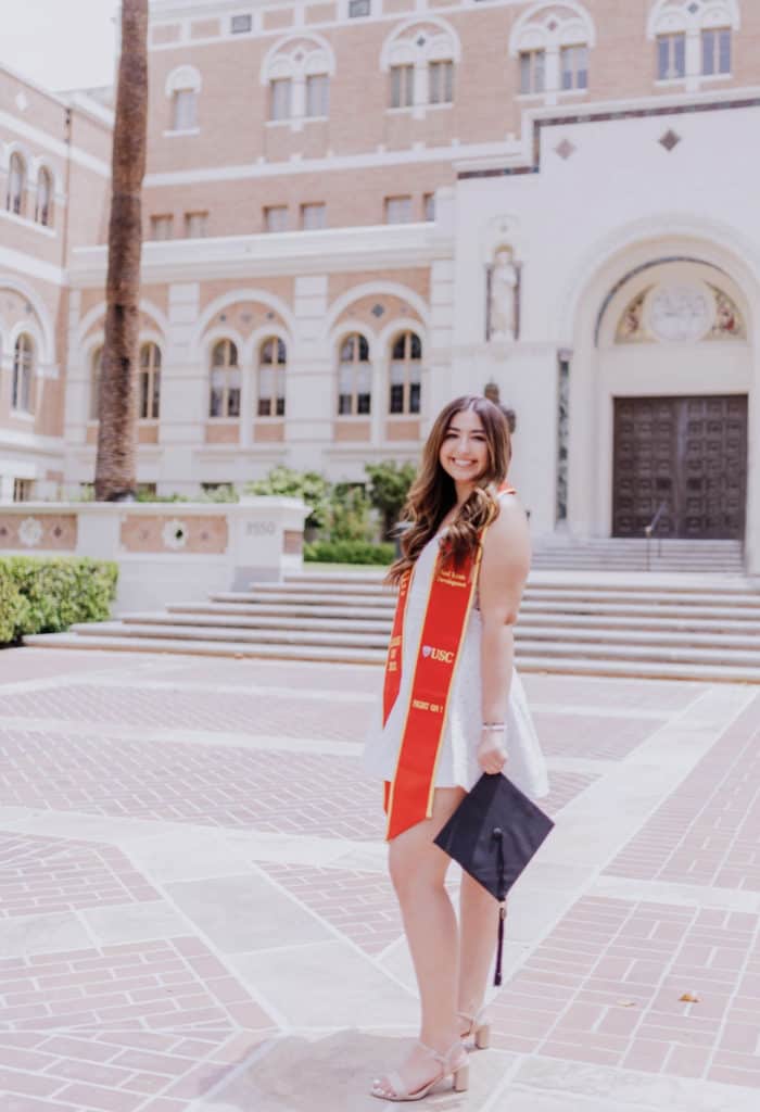 Ally Sanchez on the USC campus in front of Doheny Library