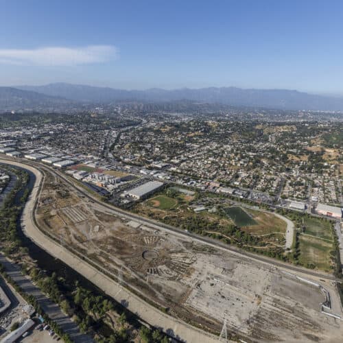 Aerial view of the Los Angeles River and the historic Taylor Rail Yard future park site.