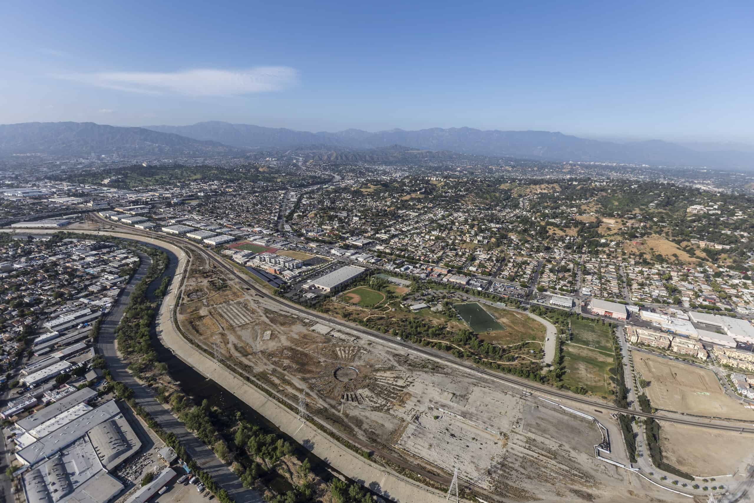 Aerial view of the Los Angeles River and the historic Taylor Rail Yard future park site.