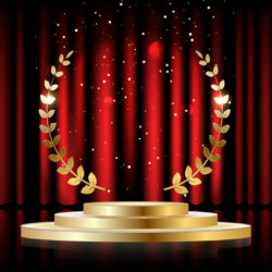 Golden laurel wreath over red round podium with steps in front of the curtains. Vector illustration