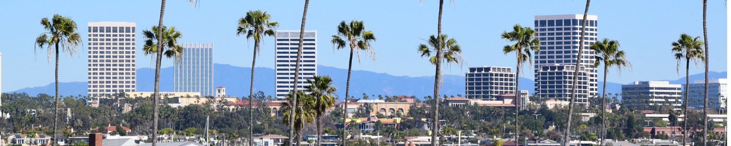 Orange County beach skyline with buildings and palm trees.