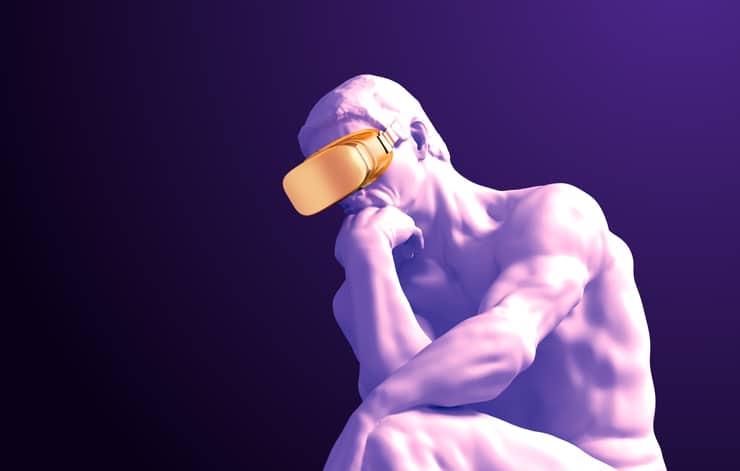 Sculpture Thinker With Golden VR Glasses On Purple Background. 3D Illustration.