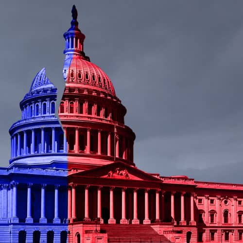 image of the US Capitol building split in two half red half blue