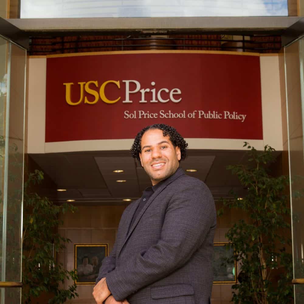 Zakhary Mallett outside the USC PRice School front entrance