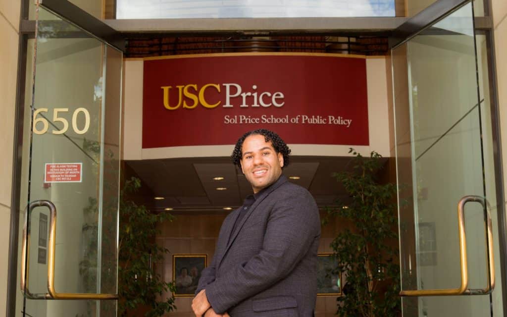 Zakhary Mallett outside the USC PRice School front entrance