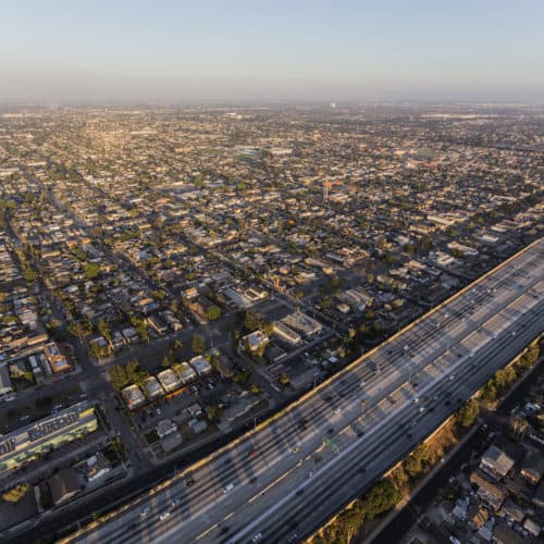 aerial shot of South Los Angeles in afternoonlight