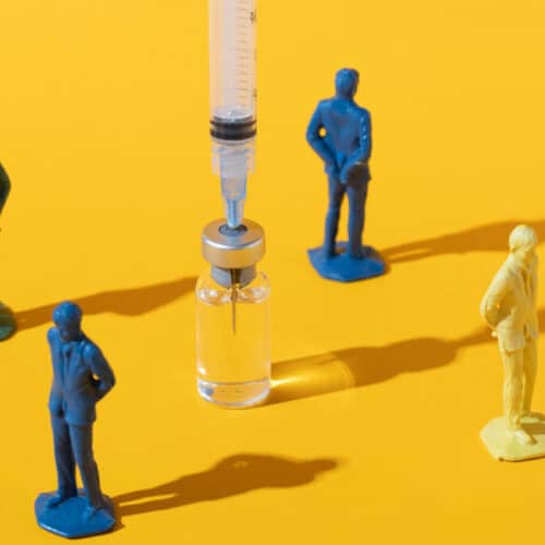 illustration of figures turning backs on a syringe slider