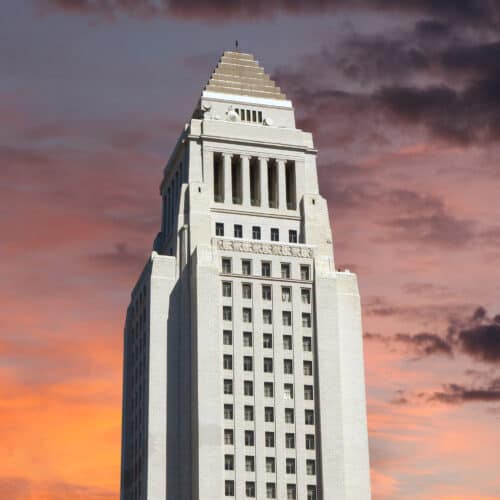 Los Angeles City Hall with sunset