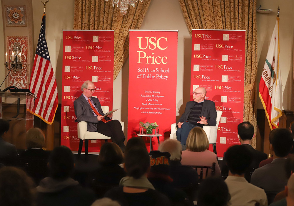David Sloane and Michael Pollan at USC for Georgre Washington Lecture