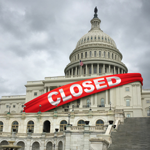 US Capitol building with a red "Closed" banner