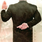 drawing of a man in a suit with his right hand held behind his back and fingers crossed, the left hand raised to swear an oath.