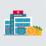 Composite photo of hospital building next to gold coins and cash