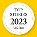 White circle that says "Top Stories of 2023 USC Price" inside