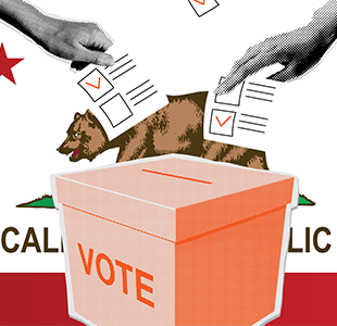 illustration of a ballot box with the California flag behind it and two hands handing over a ballot
