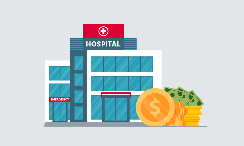 an illustration of a hospital next to gold coins and cash