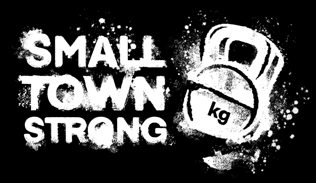 Promotional art for "Small Town Strong" with the movie title in white letters next to a white dumbbell over a black background