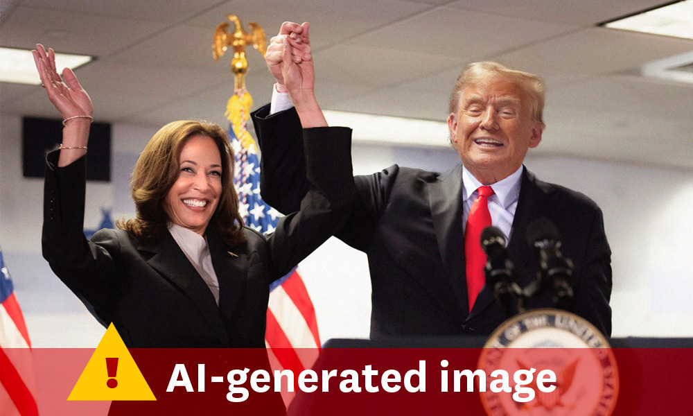 A fake, AI-generated image of Kamala Harris holding hands with Donald Trump. A text warning that says: "AI-generated image" is below the image. 