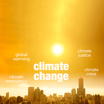 photo of a sunset with city buildings, words for climate change floating on top.