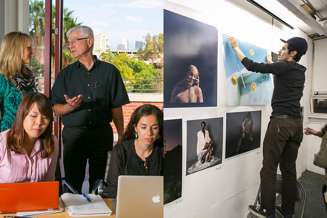 A professor in the classroom and a student hanging art in a gallery.