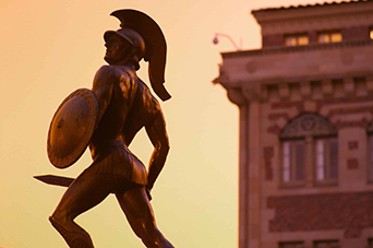 Tommy Trojan during sunset.