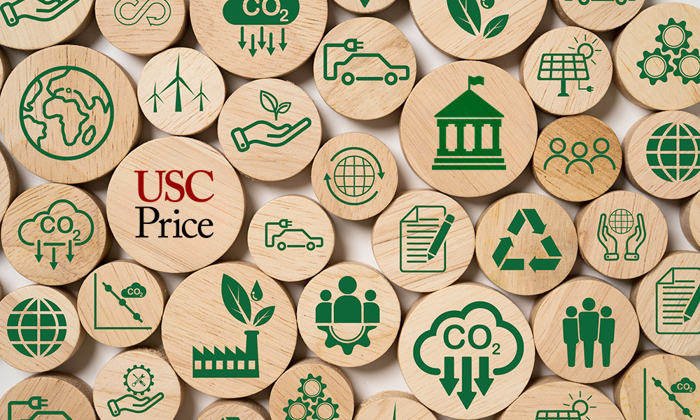 Wooden circles with different images on each one painted in green, including an planet earth, wind turbines and a plant. The middle circle reads: "USC Price."