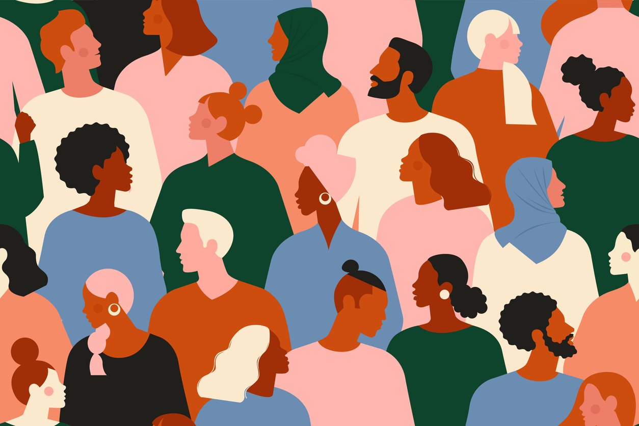 Diverse group of stylish people standing together. Society or population, social diversity. Flat cartoon vector illustration.