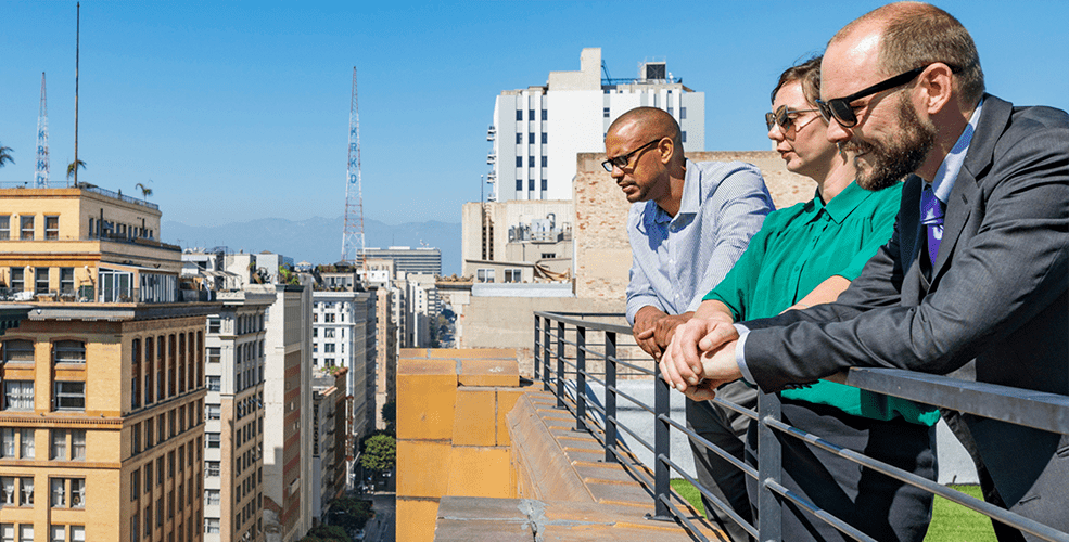 DPPD students looking down on the rooftop of a building in downtown Los Angeles.