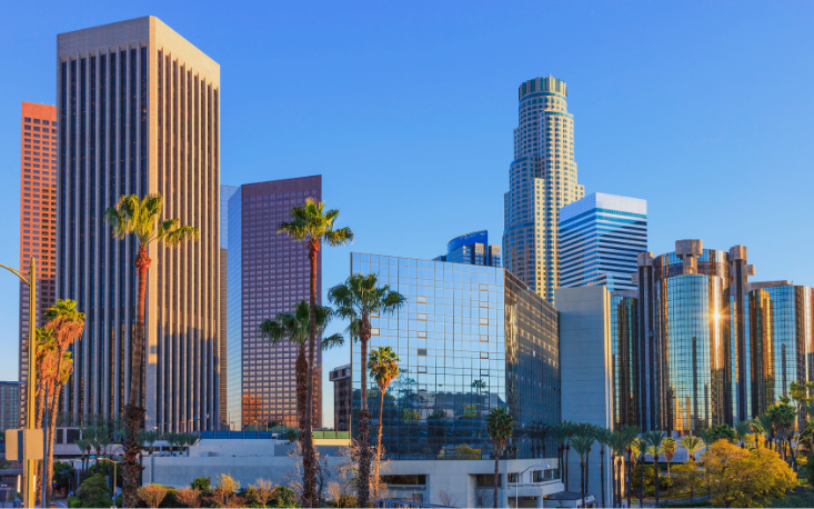 Sunlit downtown skyline featuring modern skyscrapers, palm trees in the foreground, and clear blue sky at golden hour
