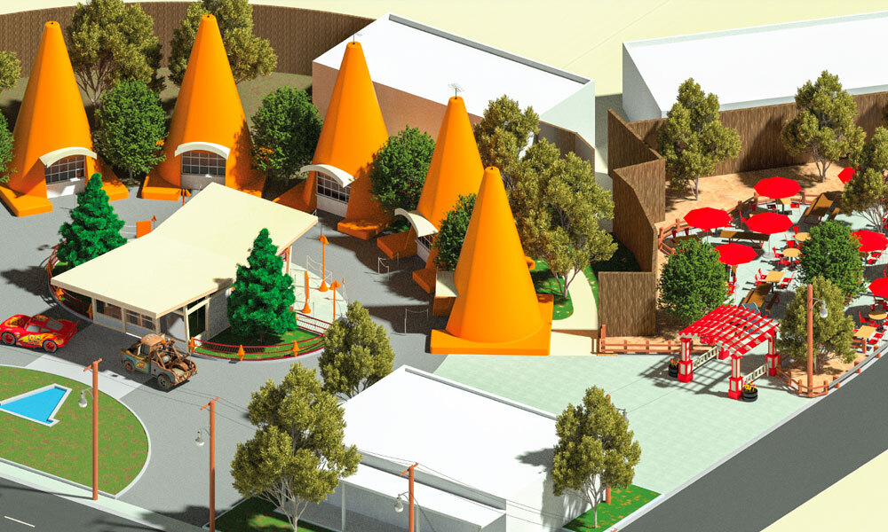 &ldquo;An aerial rendering of a themed outdoor attraction featuring several bright orange cone-shaped buildings, trees, and pathways, with a shaded seating area, red umbrellas, decorative structures, and small vehicles arranged throughout a landscaped plaza